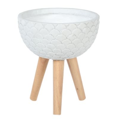 LuxenHome Scallop Embossed White 12.2 in. Round MGO Planter with Wood Legs, WHPL1361