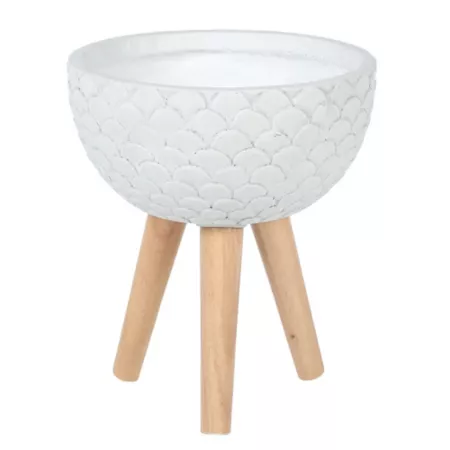 LuxenHome 5.4 qt MGO Round Embossed Planter with Wooden Legs White 12.2 in. Planters