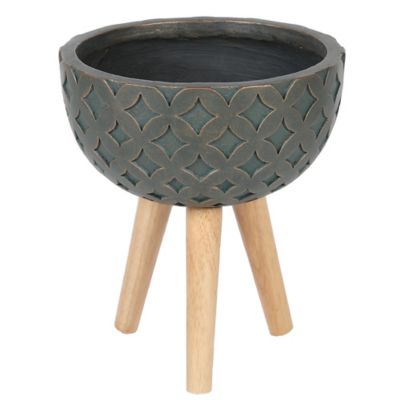 LuxenHome 10.75 lb. MGO Butterfly Embossed Round Planter with Wood Legs, Brown, 12.25 in.