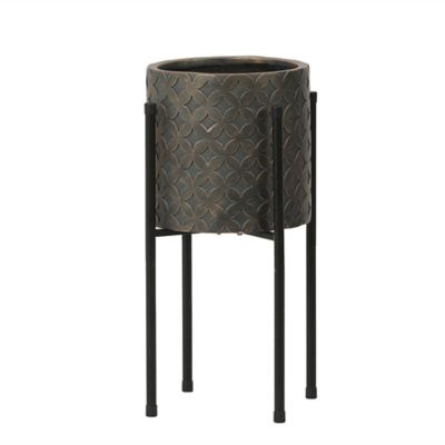 LuxenHome 17.7 qt. MGO Butterfly Embossed Round Planter with Metal Stand, Brown/Black, 12.1 in.