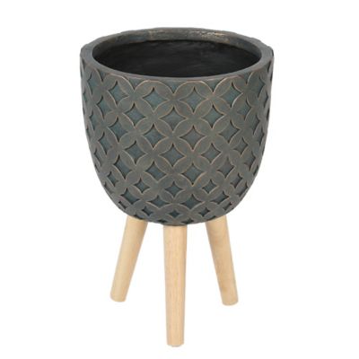 LuxenHome 15.3 qt. MGO Butterfly Embossed Round Planter with Wood Legs, Brown, 14.7 in.