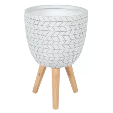 LuxenHome 2.7 gal MGO Cube Design Round Planter with Wooden Legs White 12.1 in. Planters