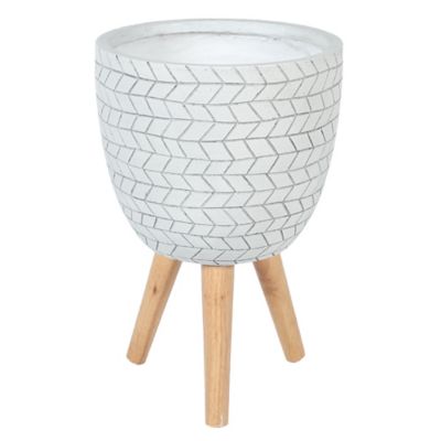 LuxenHome 4 gal. MGO Cube Design Round Planter with Wood Legs, White, 14.6 in.