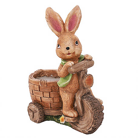 LuxenHome Brown Bunny Rabbit on a Bicycle MGO Planter, WHPL1436