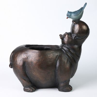 Image showing  6.2 qt. MGO Brown Hippo and Blue Bird Flower Pot Planter