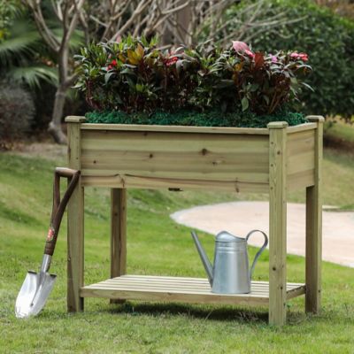 Image showing  2.1 cu. ft. Natural Wood Rectangular Raised Garden Planter with Shelf, 29.9 in.