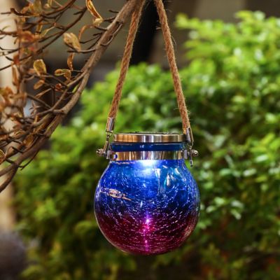 Image showing  Blue and Red Crackle Glass Solar Outdoor Hanging and Table Lantern, WHSL1552