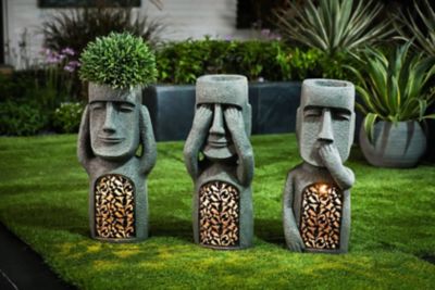 LuxenHome See, Hear, Speak No Evil, Set of 3 Garden Easter Island Solar Statues, WHST1019