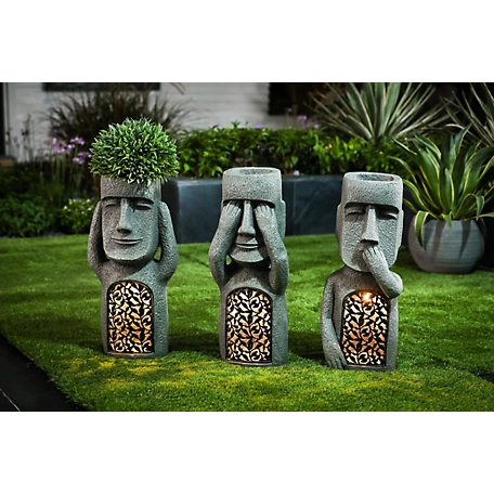 LuxenHome See, Hear, Speak No Evil, Set of 3 Garden Easter Island Solar Statues, WHST1019
