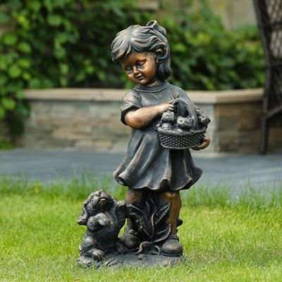 LuxenHome Bronze MGO Girl Holding Basket of Kittens with Puppy Garden Statue, WHST1175