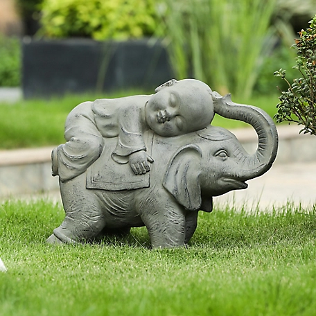 LuxenHome Gray MGO Buddha Monk and Elephant Garden Statue, WHST1217