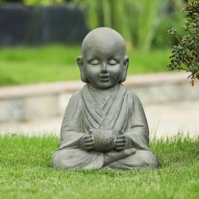 LuxenHome Gray MGO Buddha Monk and Bowl Garden Statue, WHST1220