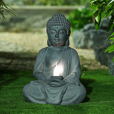LuxenHome Gray MGO Meditating Buddha Statue with Solar Light, WHST253