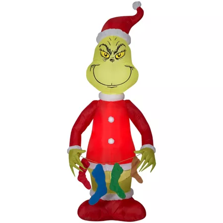 Gemmy Airblown Grinch holding a stocking decor string Halloween Inflatables