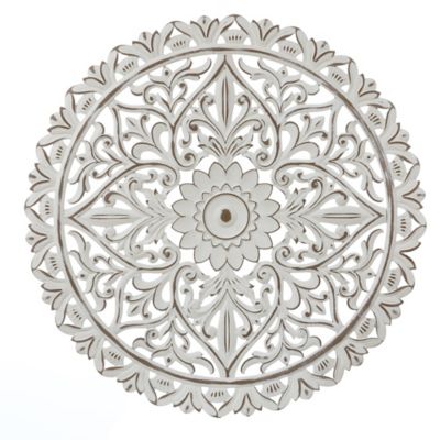 LuxenHome Round Distressed White Wood Flower Mandala Wall Decor, 31.5 in.