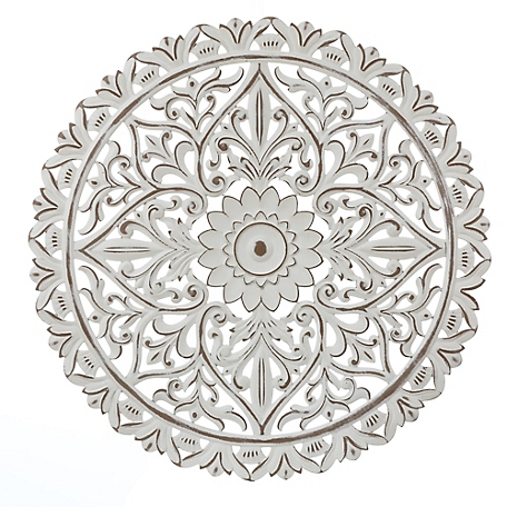 LuxenHome Distressed White Wood Flower Mandala 31.5 in. Round Wall Decor, WHA1097