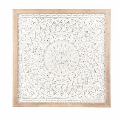 LuxenHome Distressed White Wood Flower Mandala Natural Wood 47.3 in. Square Frame Wall Decor, WHA1255