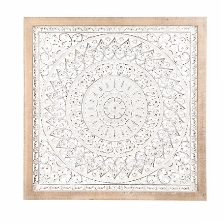 LuxenHome Distressed White Wood Flower Mandala Natural Wood 47.3 in. Square Frame Wall Decor, WHA1255