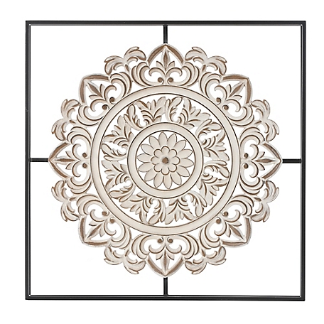 LuxenHome Distressed White Wood Flower Mandala Iron Frame Square Wall Decor, WHA1467