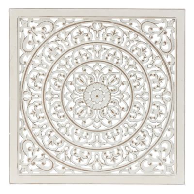 LuxenHome Distressed White Wood Flower Mandala 23.6 in. Square Wall Decor, WHA1486