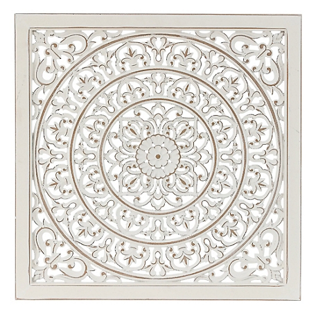 LuxenHome Distressed White Wood Flower Mandala 23.6 in. Square Wall Decor, WHA1486