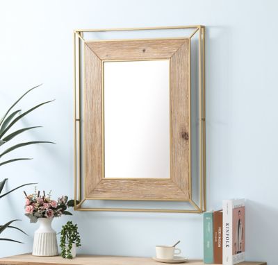 LuxenHome Gold Metal and Natural Wood Rectangular Frame Accent Wall Mirror, WHA1504