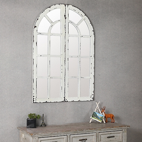 LuxenHome 2 pc. Distressed White Wood Frame Accent Arched Window Wall Mirror, WHA314