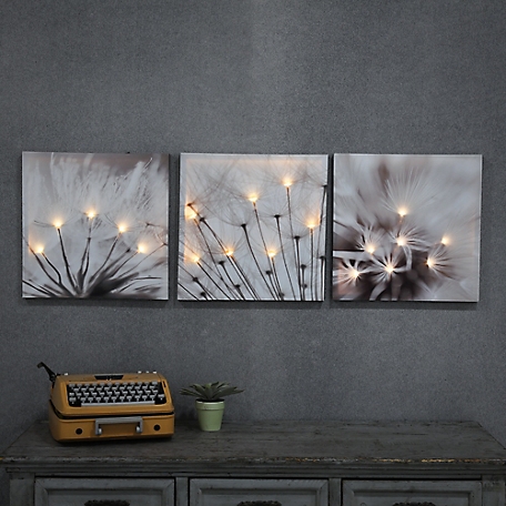 LuxenHome Set of 3 Dandelion Lighted Canvas Prints, WHA333