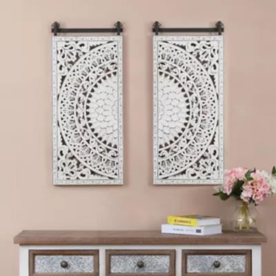 LuxenHome Set of 2 Distressed White Wood Flower Mandala Wall Decor ...