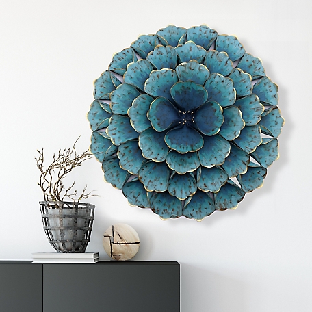 LuxenHome 23.5 in. Round Teal Blue Flower Metal Wall Decor, WHA540