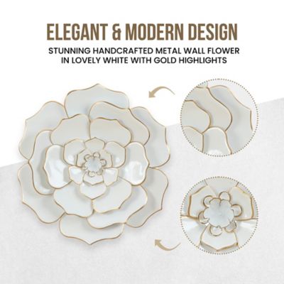Image showing 5 th LuxenHome White and Gold Flower Metal Wall Decor, 24 in.