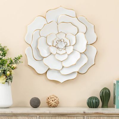 Image showing 9 th LuxenHome White and Gold Flower Metal Wall Decor, 24 in.