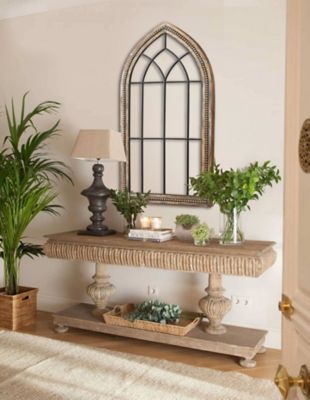 Image showing  Rustic Wood and Black Metal Arched Window Wall Decor, 46.5 in. x 24 in.