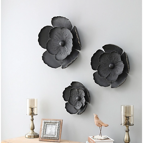 LuxenHome Black with Gold Metal Flowers Wall Decor (Set of 3), WHA936