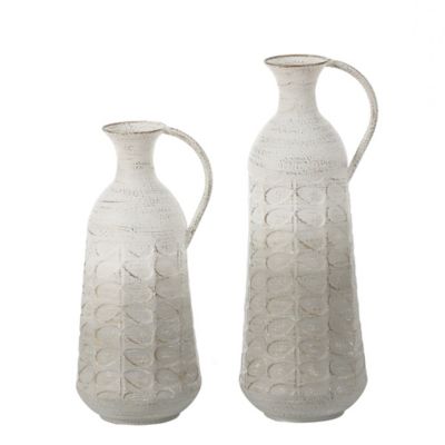 LuxenHome Set of 2 Rustic Gray and White Metal Pitcher Vases, WHD1462