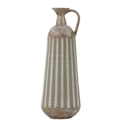 LuxenHome Distressed Metal Table Pitcher Vase, 16.75 in., Tan/White