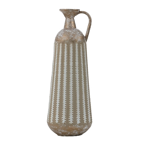 LuxenHome 16.75 in. H Distressed Tan and White Metal Table Pitcher Vase, WHD1541