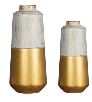 LuxenHome Set of 2 Distressed Gold and Off White Metal Bottle Vases, WHD534