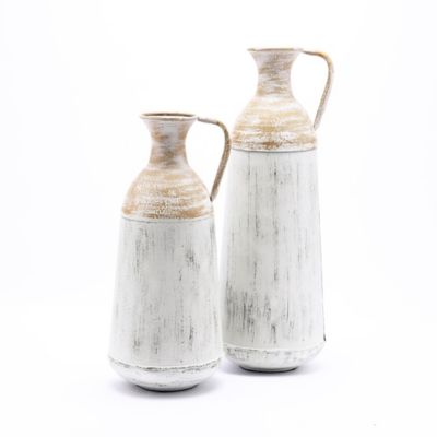 LuxenHome Set of 2 Distressed Off White and Rustic Brown Metal Pitcher Vase, WHD747