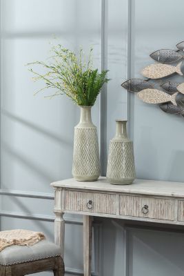 Image showing  Vintage Metal Bottle Vase Set, Gray/Green, 2 pc.