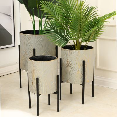 Image showing  Assorted Metal Cachepot Planters with Stands, Gray/Gold/Black, 3-Pack