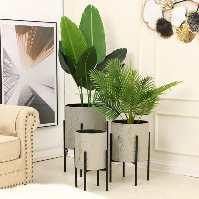Image showing  Assorted Metal Cachepot Planters with Stands, Gray/Gold/Black, 3-Pack
