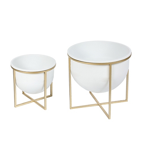 LuxenHome Assorted Metal Cachepot Planters with Metal Stands, White/Gold, 2-Pack