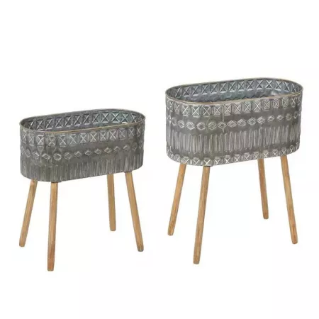 LuxenHome Assorted Aztec Metal Plant Pots with Wooden Legs Gray Pack of 2 Planters