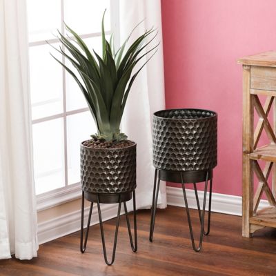 Image showing  Assorted Metal Honeycomb Cachepot Planters with Metal Stands, Brown, 2-Pack
