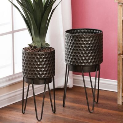 Image showing  Assorted Metal Honeycomb Cachepot Planters with Metal Stands, Brown, 2-Pack