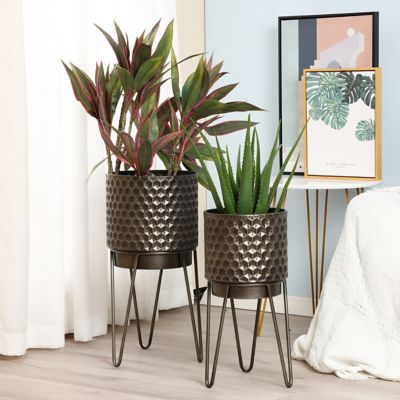 Image showing  Assorted Metal Honeycomb Cachepot Planters with Metal Stands, Brown, 2-Pack