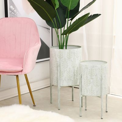 Image showing  Assorted Metal Leaf Embossed Cachepot Planters with Stands, White, 2-Pack