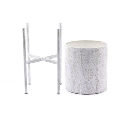 Image showing  Assorted Metal Leaf Embossed Cachepot Planters with Stands, White, 2-Pack