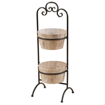 LuxenHome 2.2 gal. Wood 2-Tier Cachepot Planters with Metal Stand, Black, 2-Pack